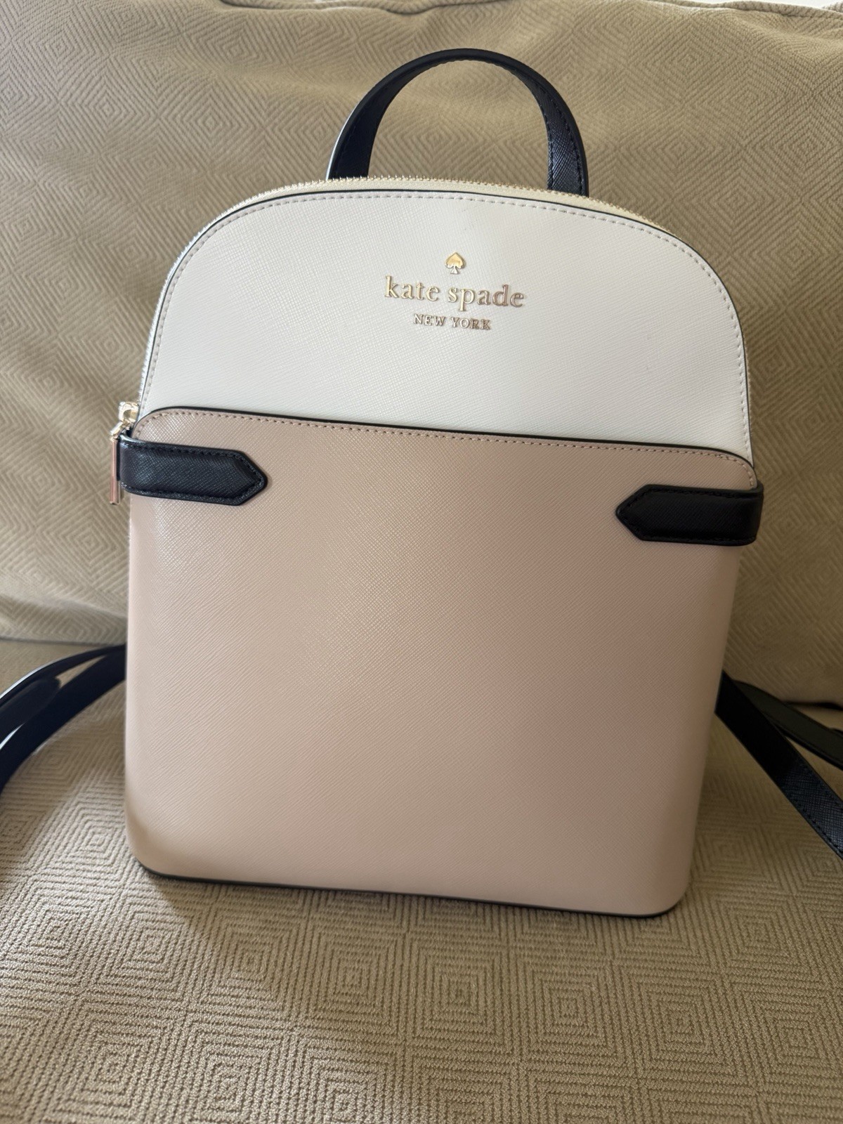 Kate Spade New York Colorblock Medium Backpack Beige/White/Black Zip Gold