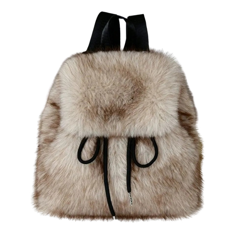 Drawstring Faux Fur Backpack Mini Lightweight Daypack with Adjustable Closure