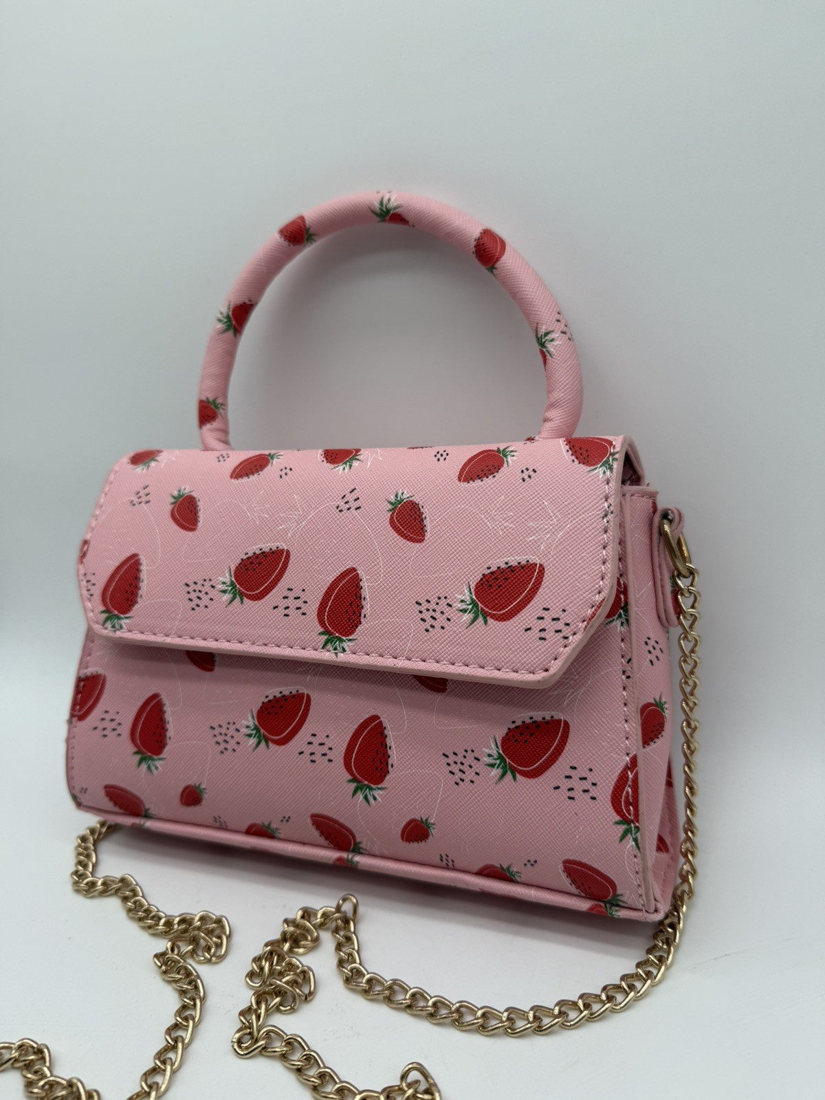 Cute Strawberry Print Mini Top Handle Crossbody Satchel Purse Pink w/ Strap NEW