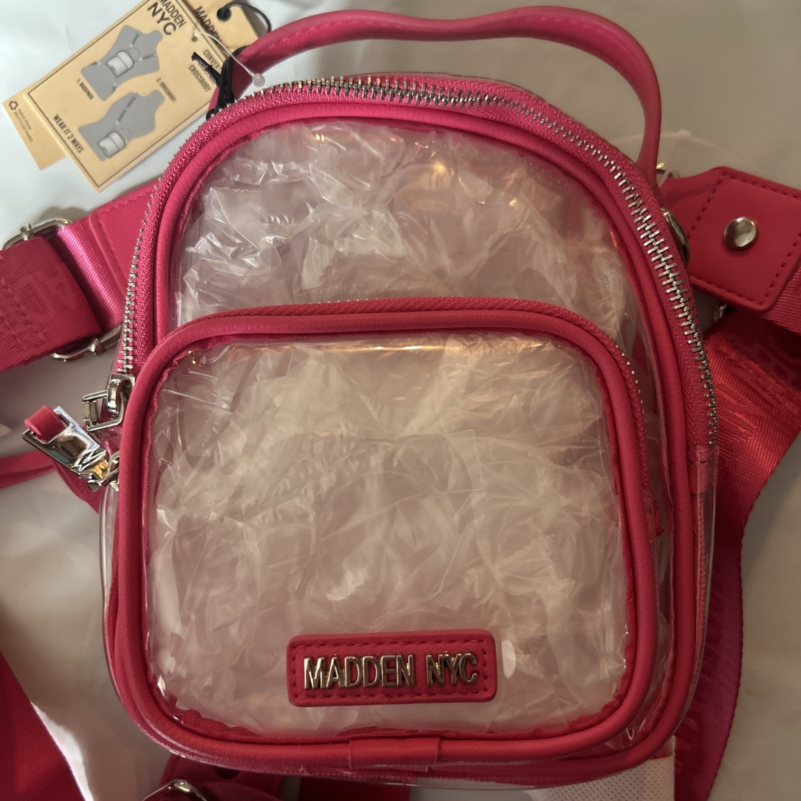 Madden NYC Convertible Backpack Crossbody Clear/ Pink New