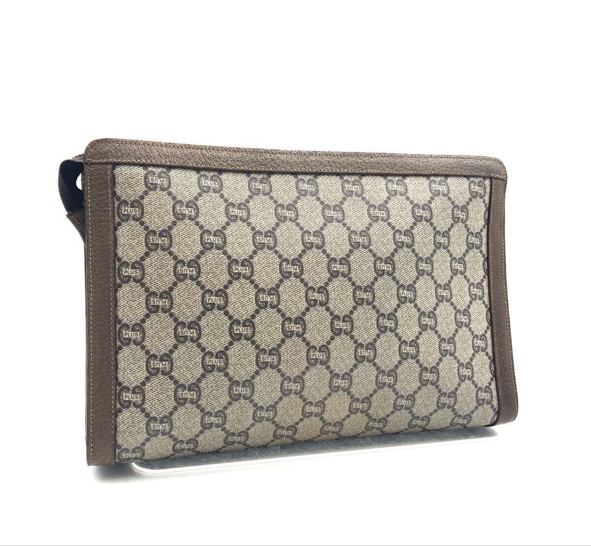 GUCCI Plus Clutch Bag Second Bag Coated Canvas x Leather Greige x Brown Made in