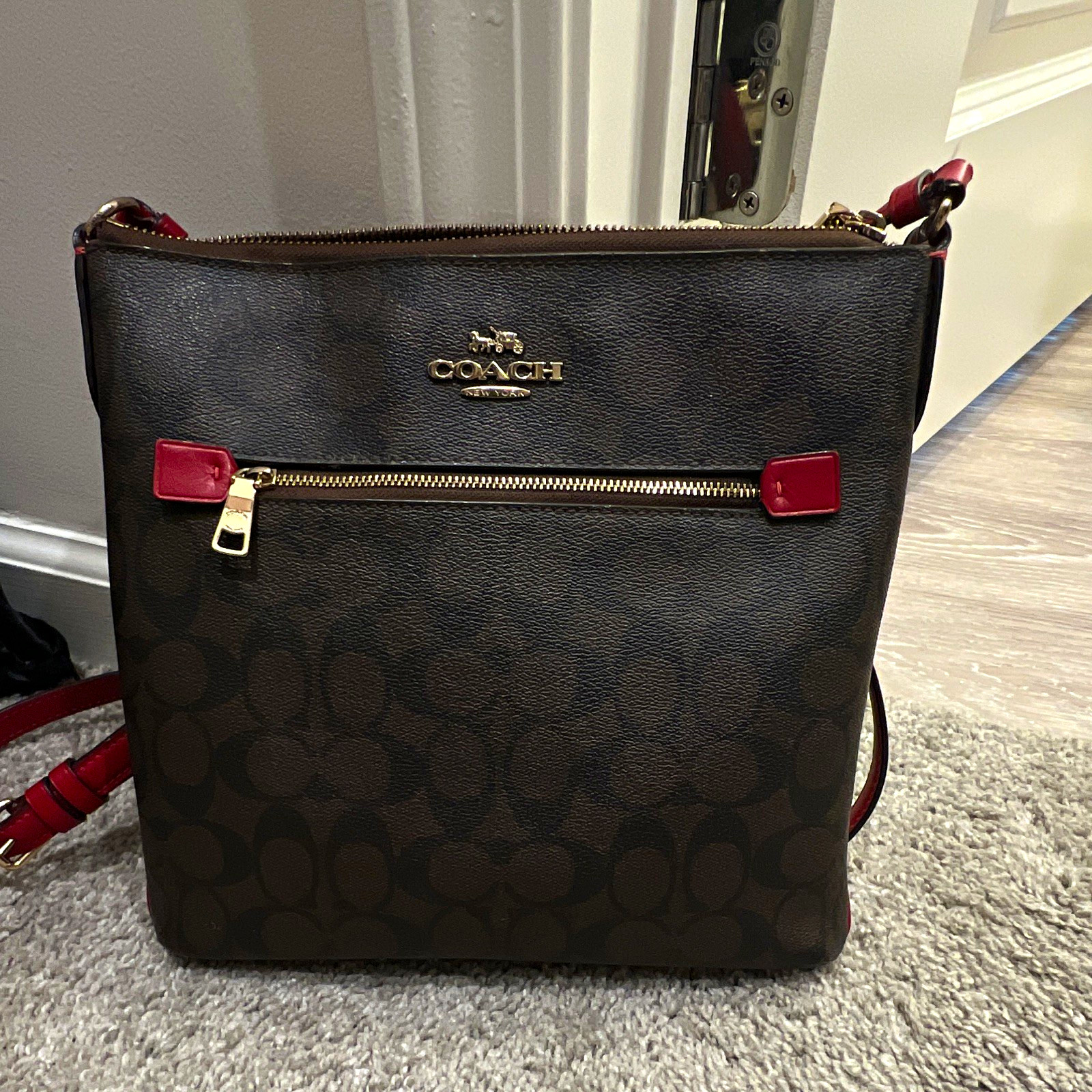 Coach Signature Brown/Burgundy Crossbody Bag Zip Closure Gold Hardware Strap