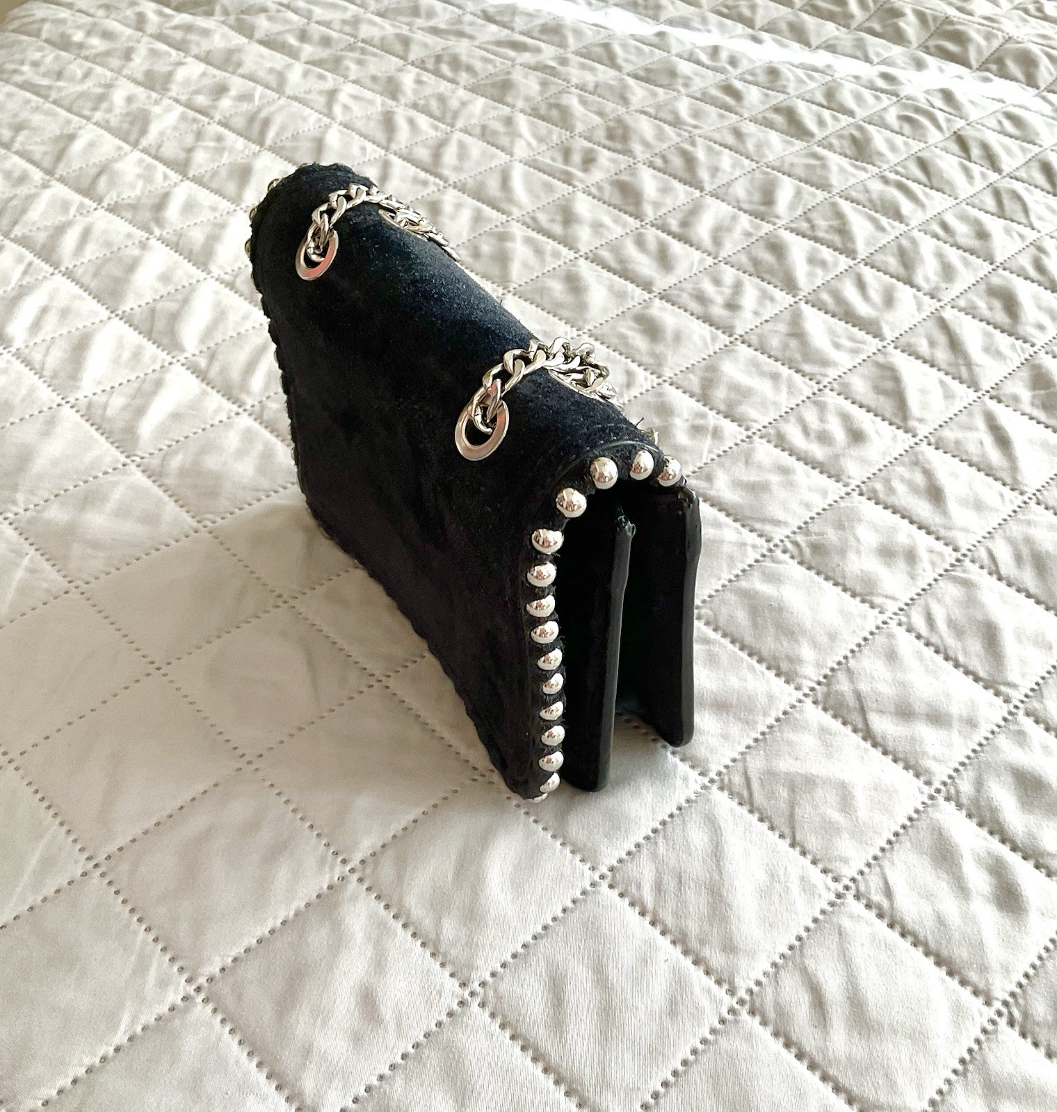 ZARA Dark Blue Suede Studded Crossbody Purse 7 X 5.5 in Silver Chain Strap