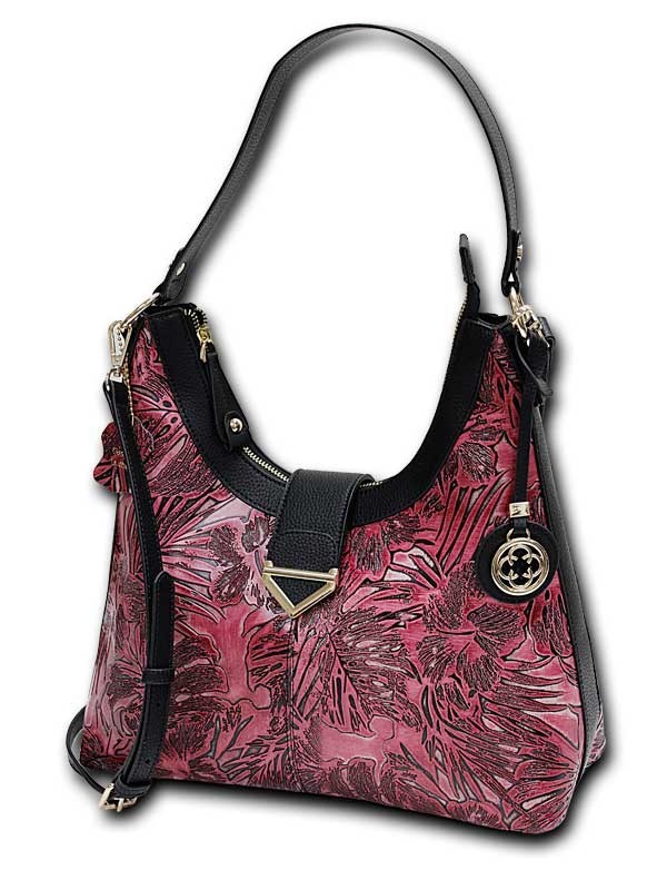 MC HANDBAGS #6413 LATOYA TOOLED LEATHER SHOULDER BAG IN PINK WITH BLACK TRIM
