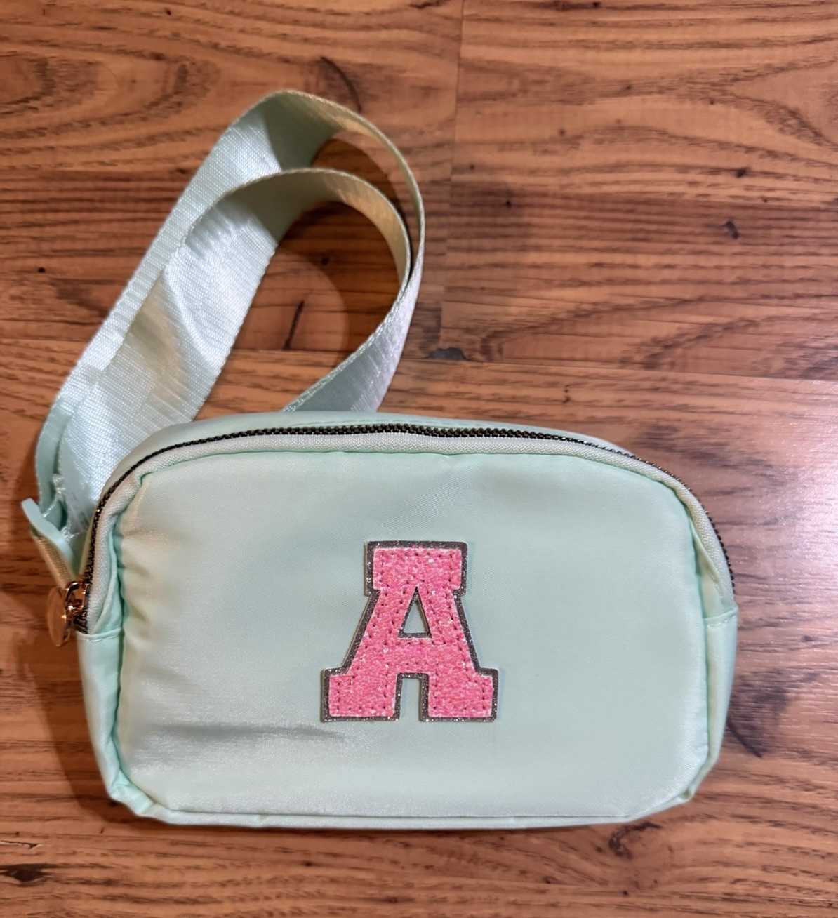 Mint Crossbody Bag Zip Closure Adjustable Strap Pink Letter A Applique