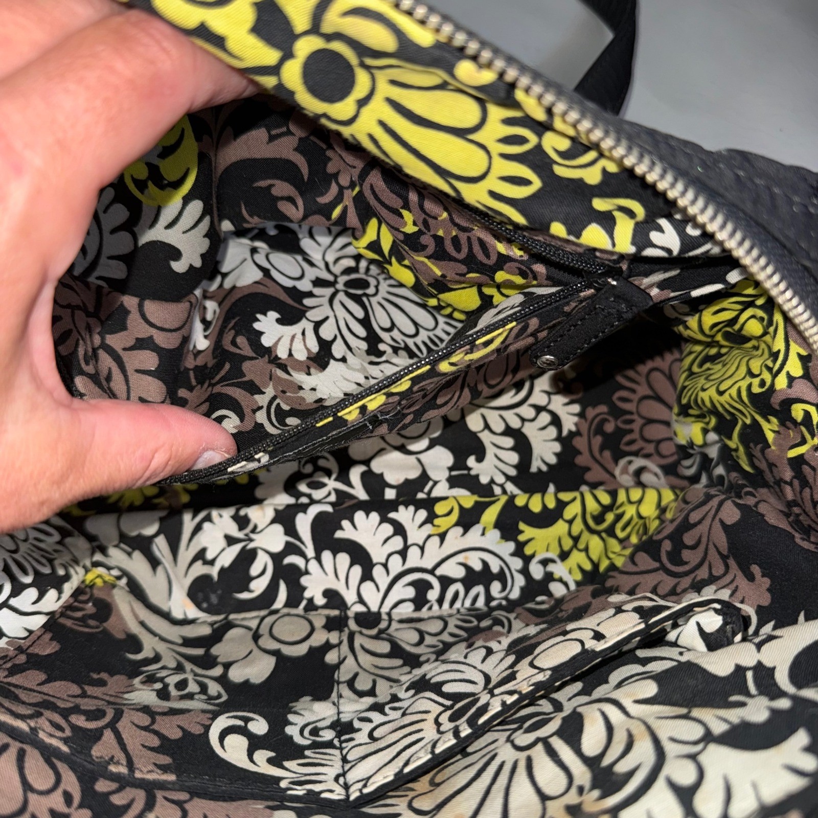 Vera Bradley Black Quilted Microfiber Satchel Floral Lining Handbag Silver Logo