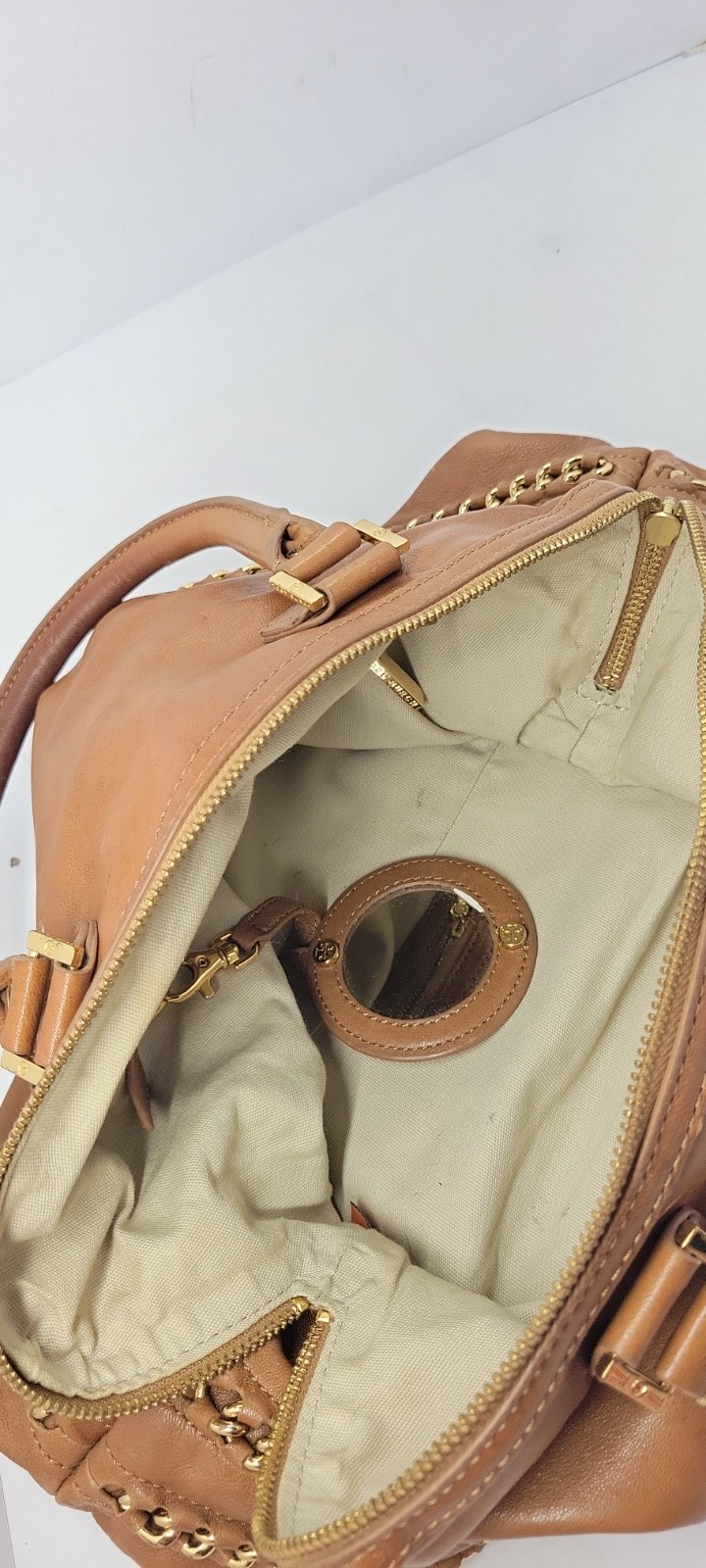 Authentic Tory Burch Tan Leather Satchel Tote Bag Gold Chain Trim Hanging Mirror