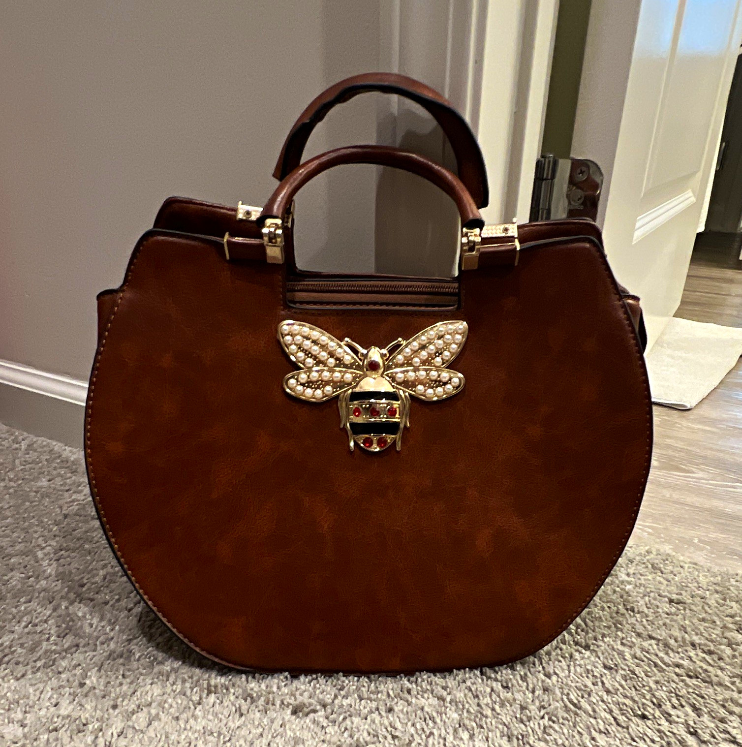 Brown Women’s Satchel Top Handle Bag Bee Pearl Accent Zip Detachable Strap