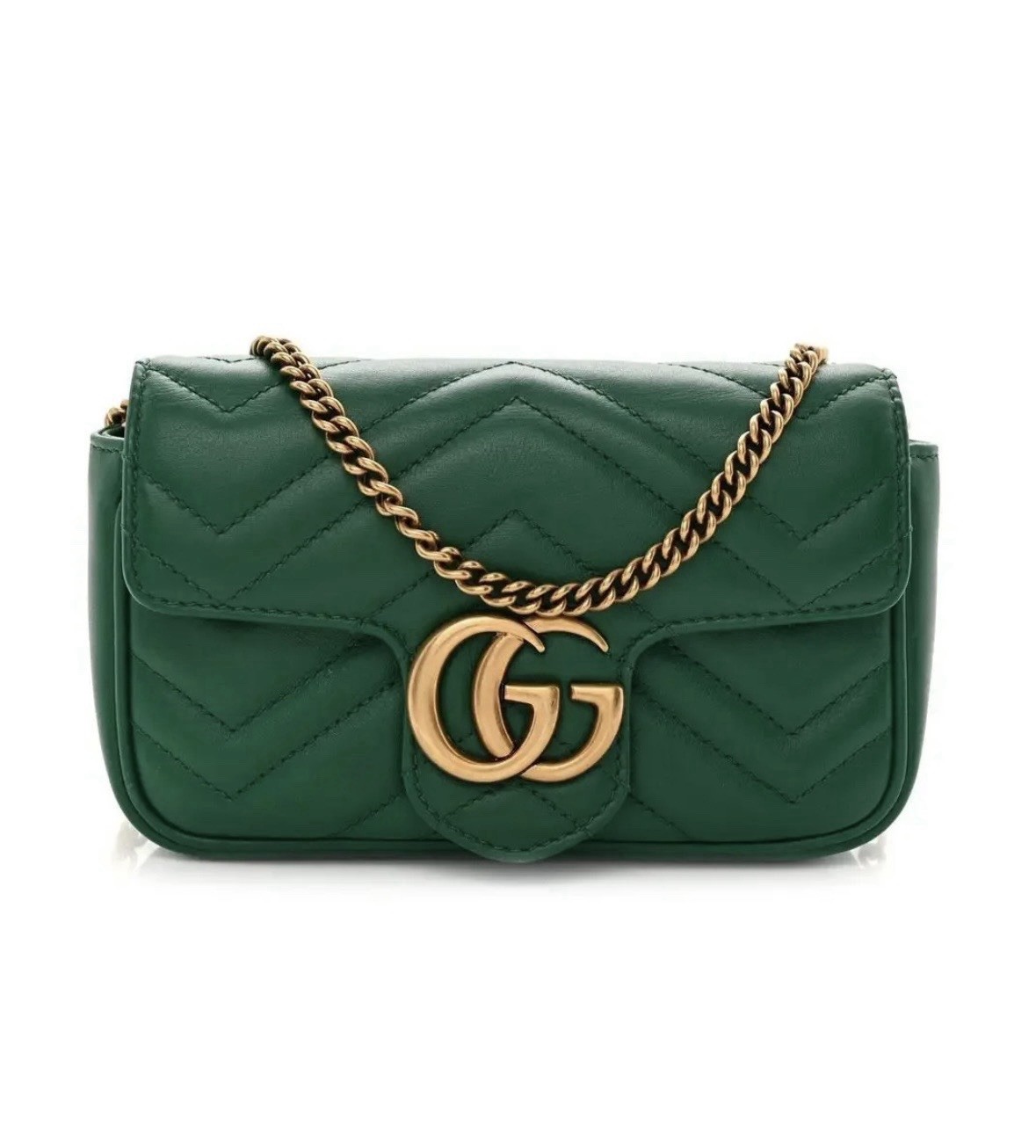 Gucci GG Mini Marmont Green Quilted Chevron Leather Gold Chain Crossbody Bag