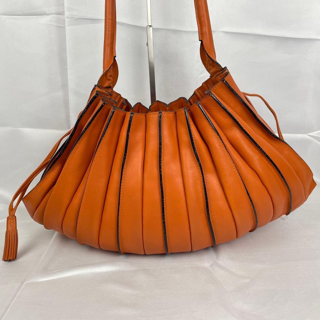 Lupo Barcelona Abanico Pleated Drawstring Hobo Shoulder Bag Brown Camel Leather