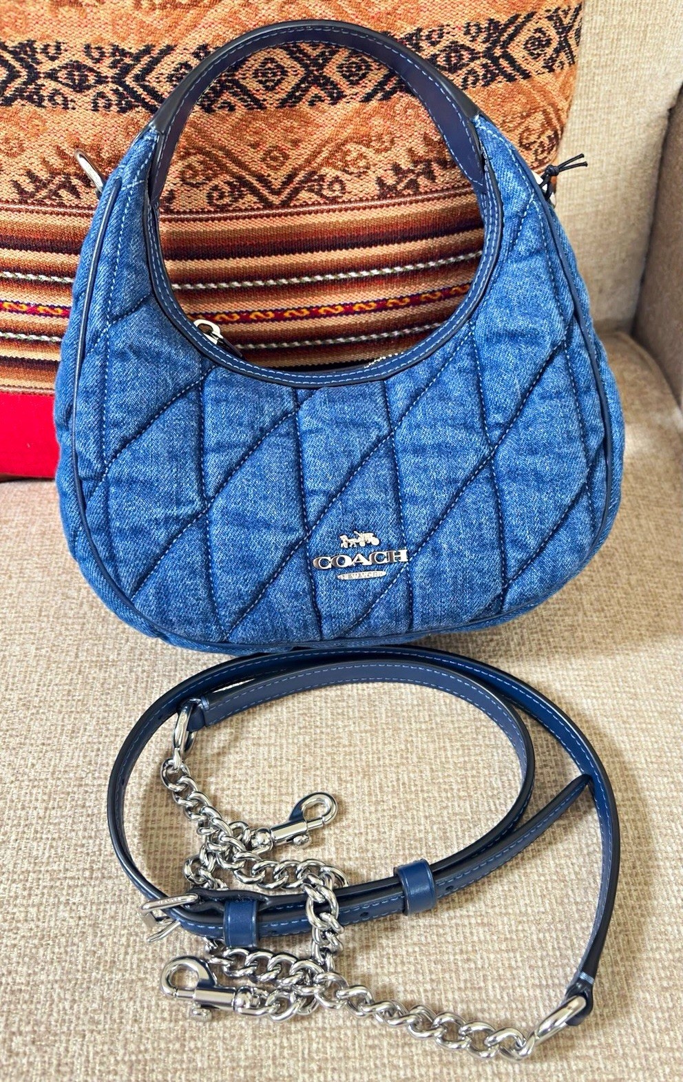 Coach Mini Quilted Blue Crossbody Bag Zip Closure Detachable Adjustable Strap