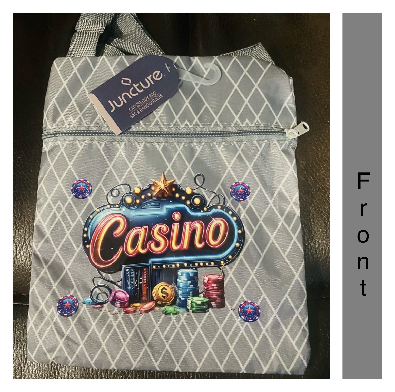 Small Crossbody Gray Bag Casino Theme, Diamond Design Zipper Closure