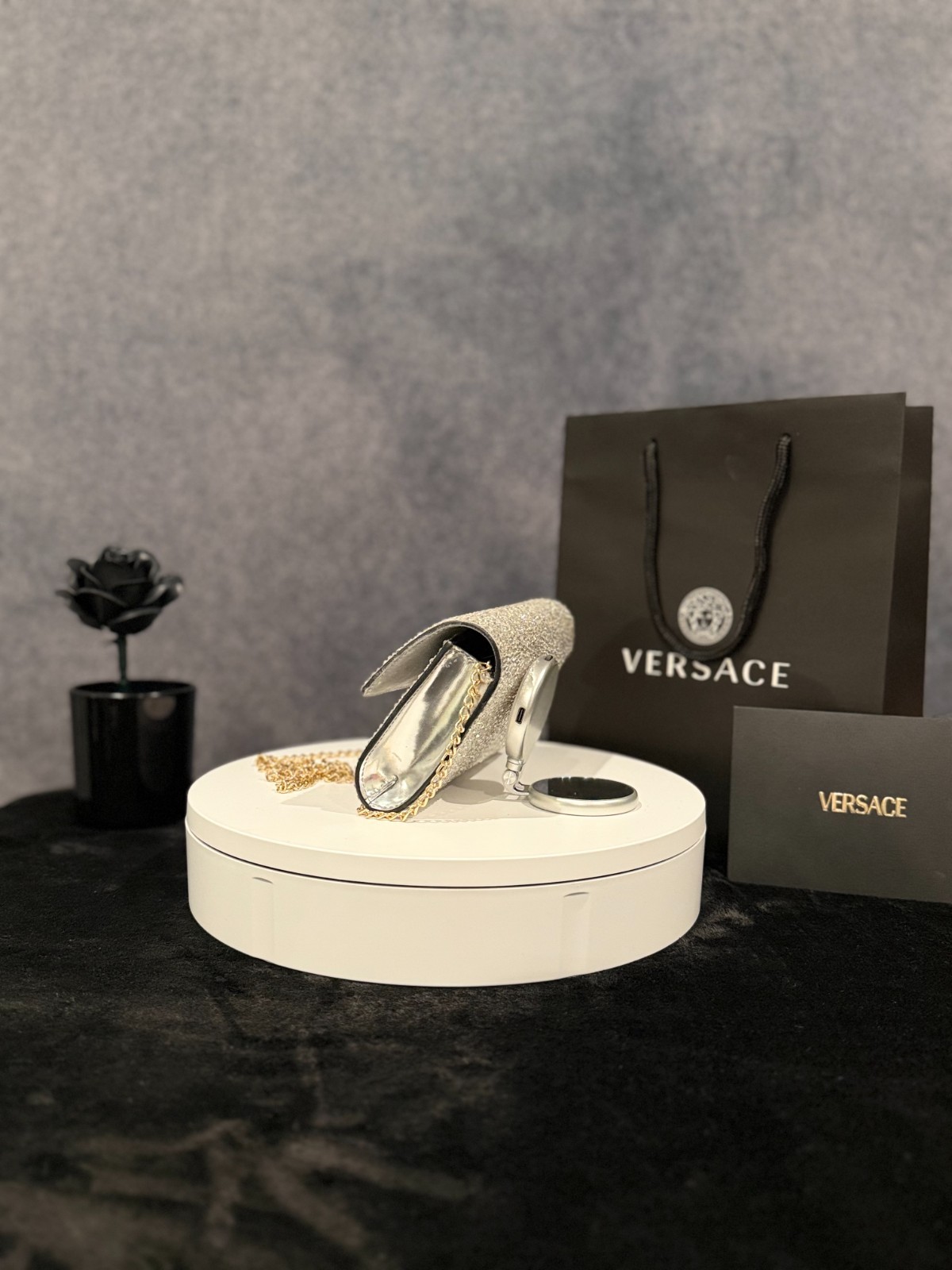 Authentic Versace La Medusa Crystal Mini Bag in silver with mixed metal hardware
