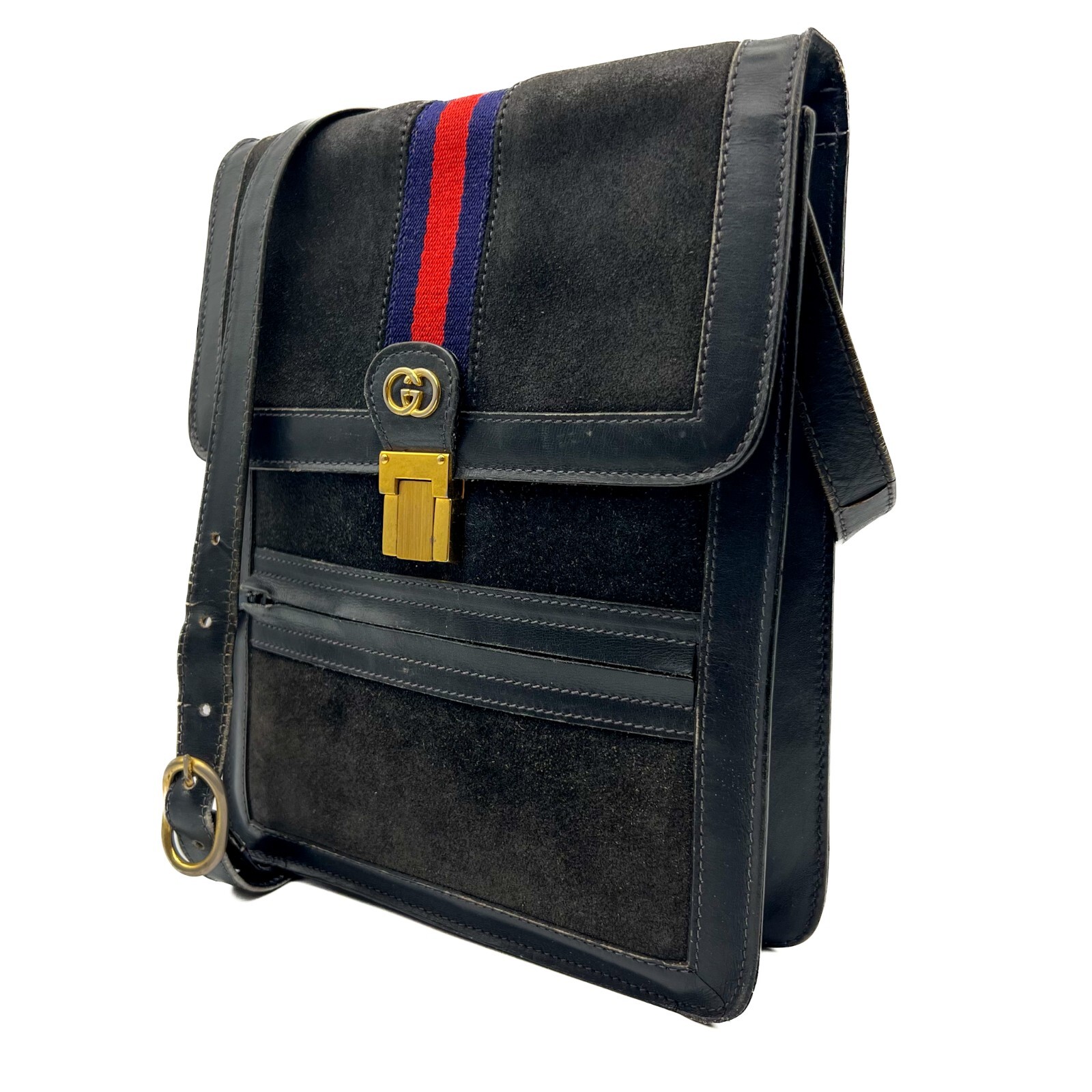 Vintage Gucci Sherry Line Suede Leather Shoulder Bag Navy Blue Authentic
