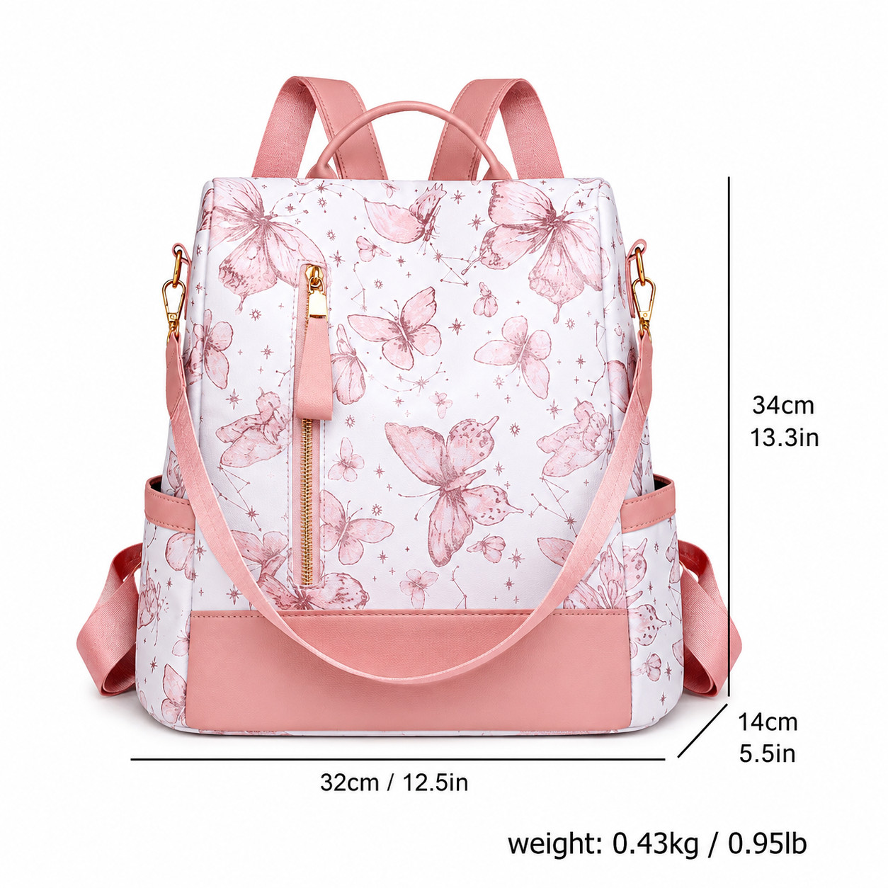 Womens Butterfly Print Backpack Purse Pink Travel School Shoulder Bag Large
