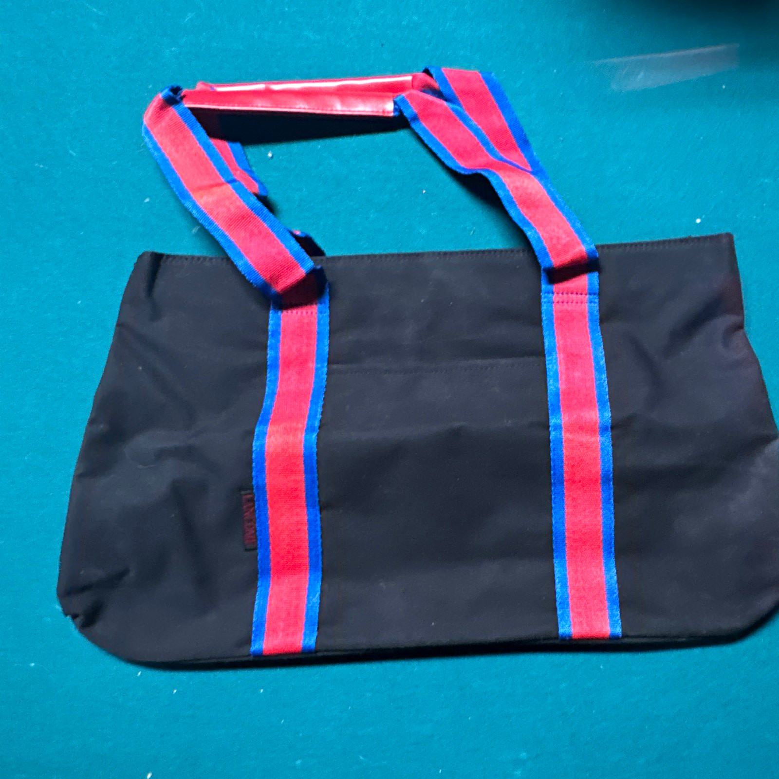 Lancôme Women’s Black Logo Tote, Zip, Lined, Inner Pockets, Silver, Red/Blue