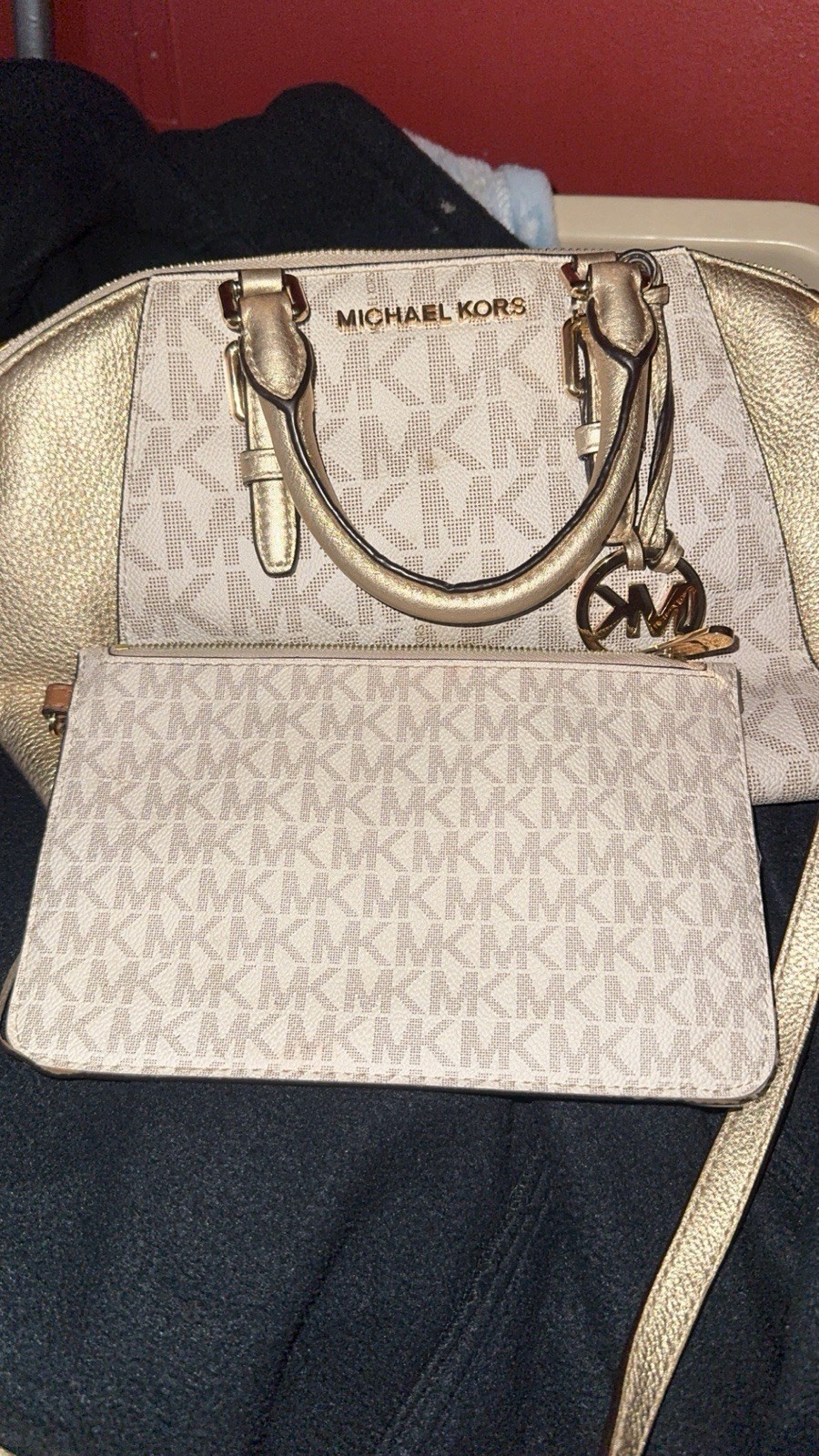 Michael Kors Logo Monogram Crossbody Bag Zip Closure Beige/Gold w/ MK Charm