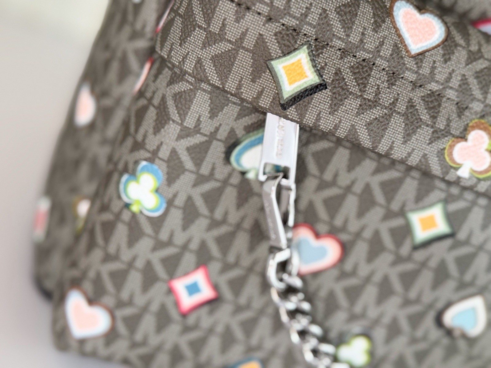 Michael Kors Slater Medium Chain Backpack MK Hearts Spades Diamonds Clubs Olive