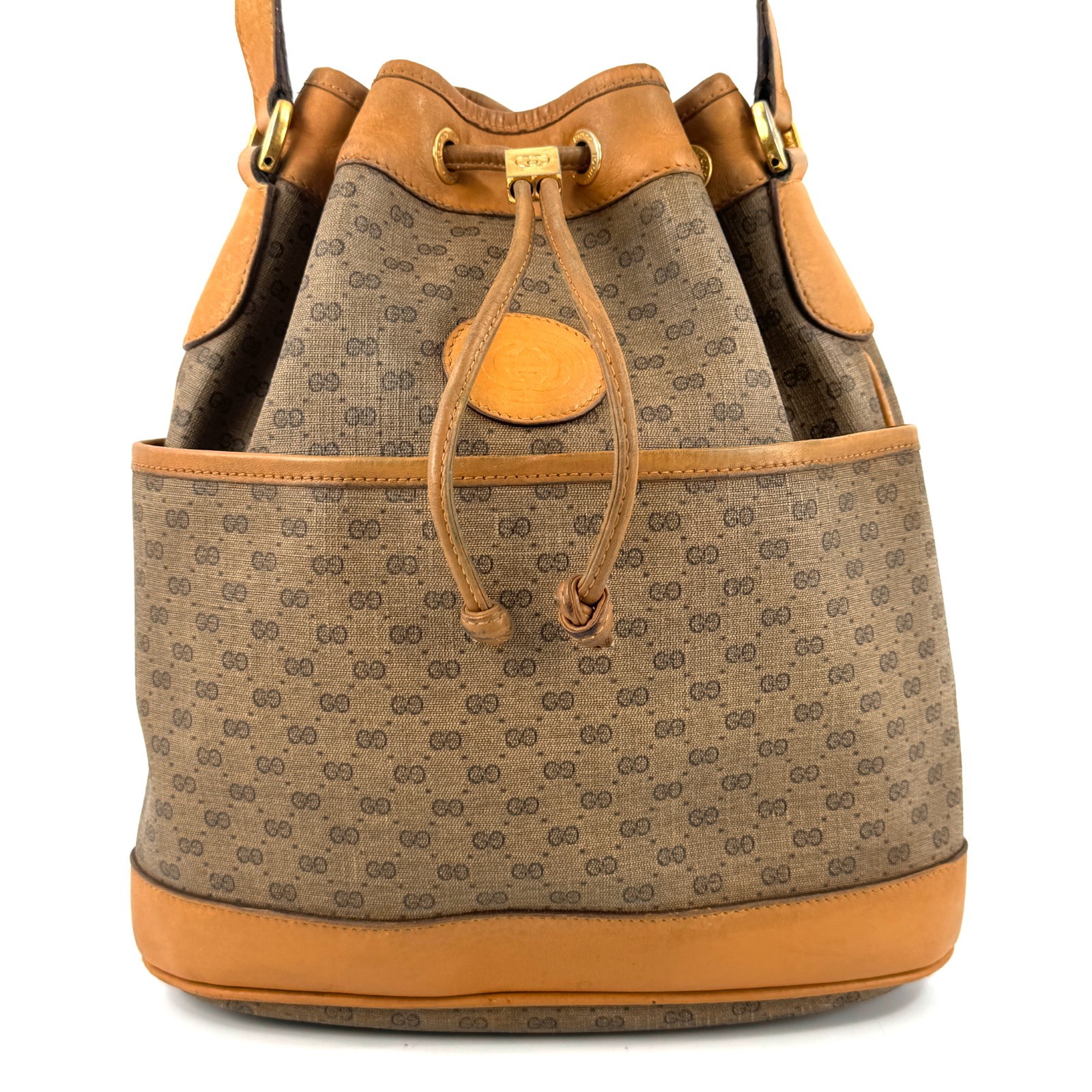 Gucci Micro Gg Drawstring Bag Beige Brown Pvc Leather Auth From Japan