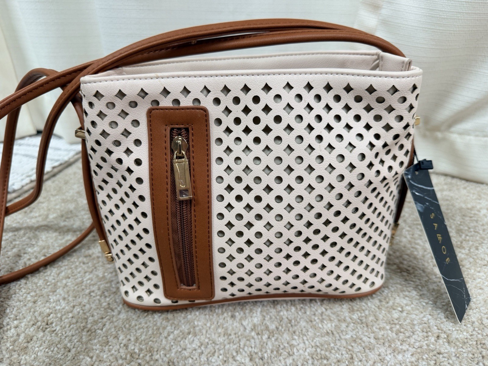 Sarae Perforated Beige/Brown Crossbody Bag Zip Lined Gold Hardware Det Strap