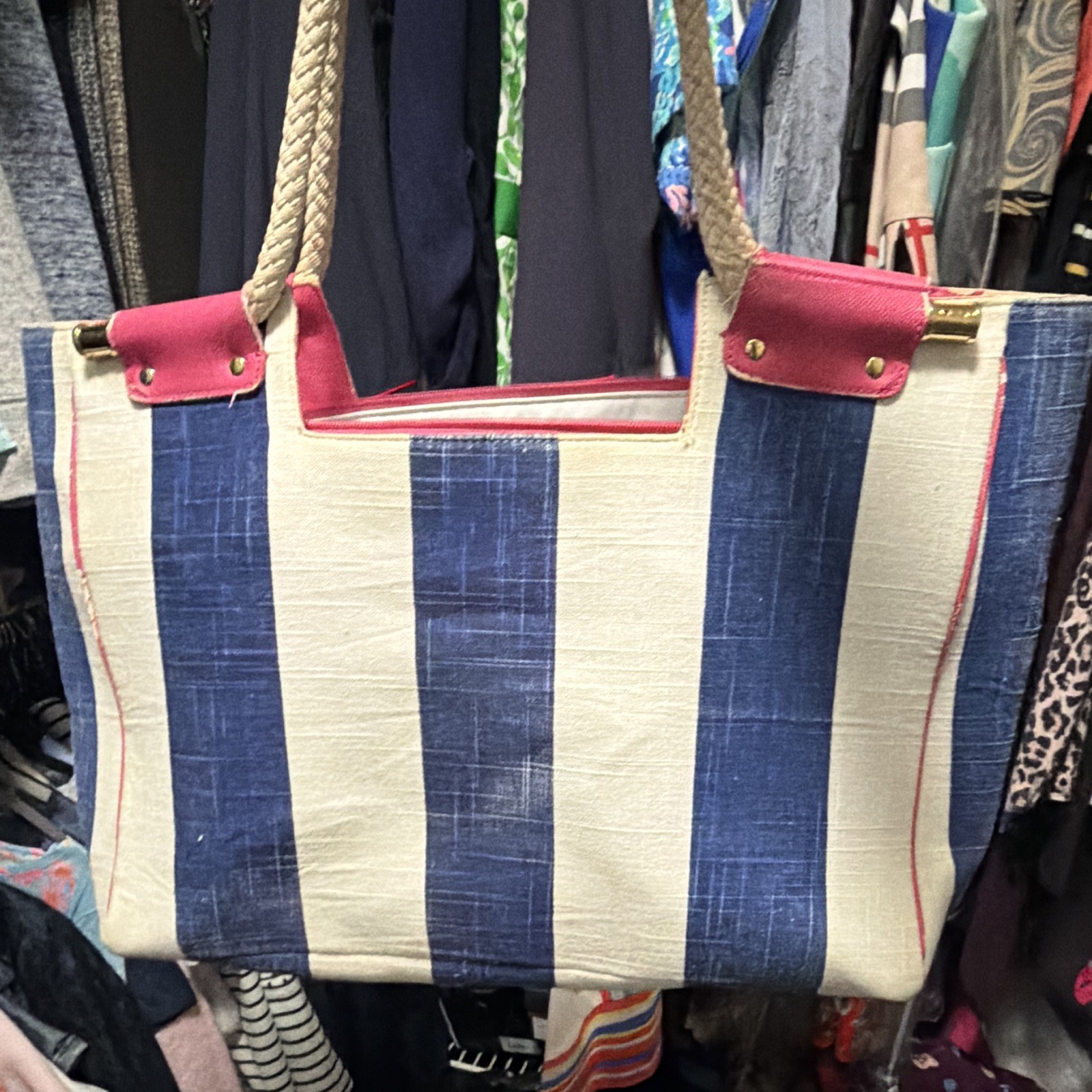 Lilly Pulitzer Striped Tote Blue/White/Pink Zip Lined Rope Handles Gold