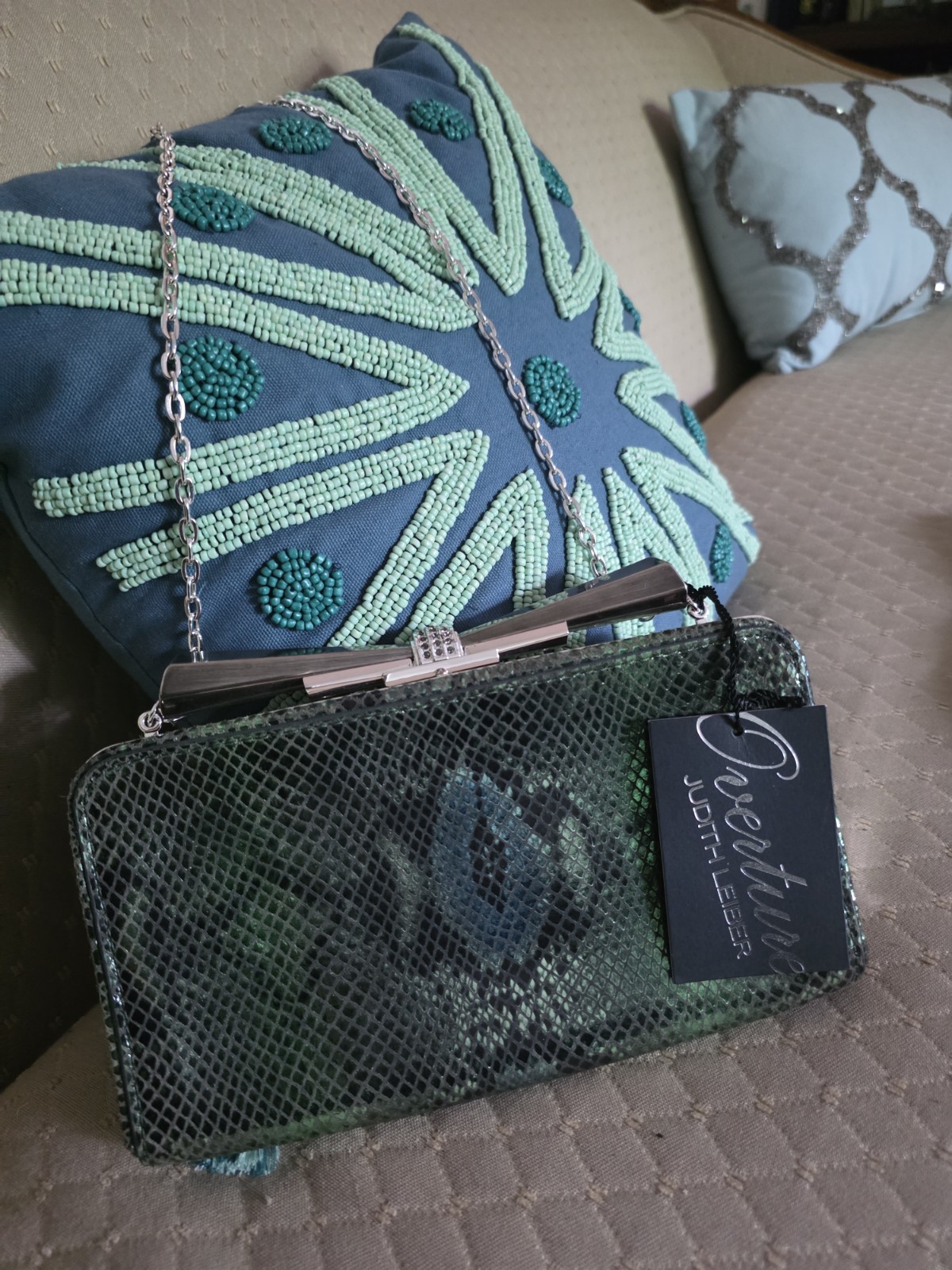 Judith Leiber Overture Green/Black Snake Print Crystal Chain Strap Clutch