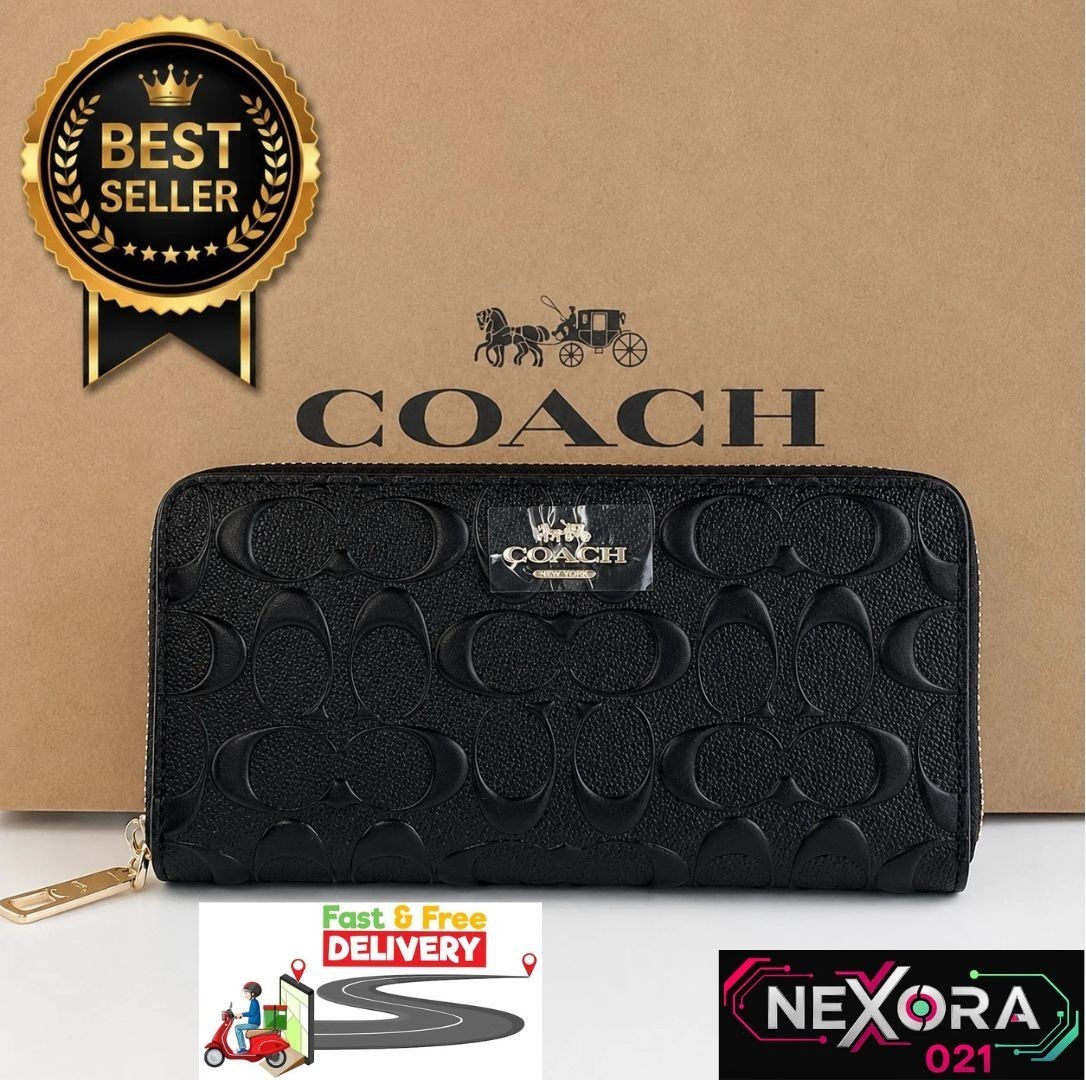 Coach F53834 Black Signature Leather Long Zip Around Women Wallet Card Holder