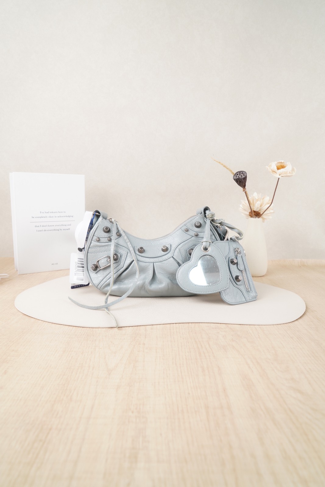 Balenciaga Le Cagole XS Light GRAY Leather Hobo Bag with Heart Mirror