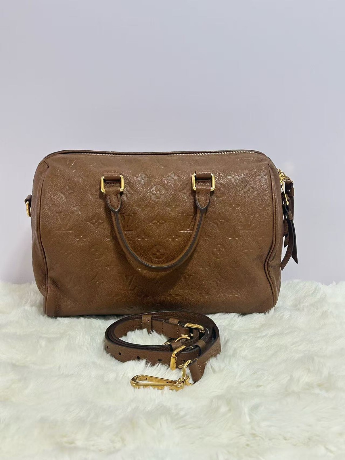 Louis Vuitton Speedy 30 Bandouliere Boston Bag Brown Empreinte Leather Gold