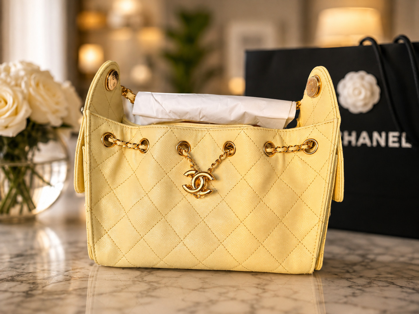 NEW Chanel 25 Mini Hobo Butter Yellow Caviar Gold HW Full Set Box, Bag, Receipt