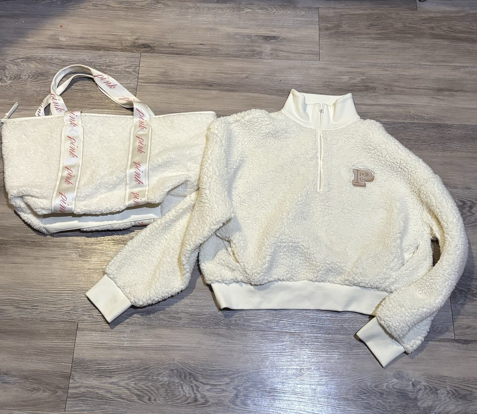PINK Victoria’s Secret logo Plush Teddy tote bag & 1/2 zip pullover Sz S bundle
