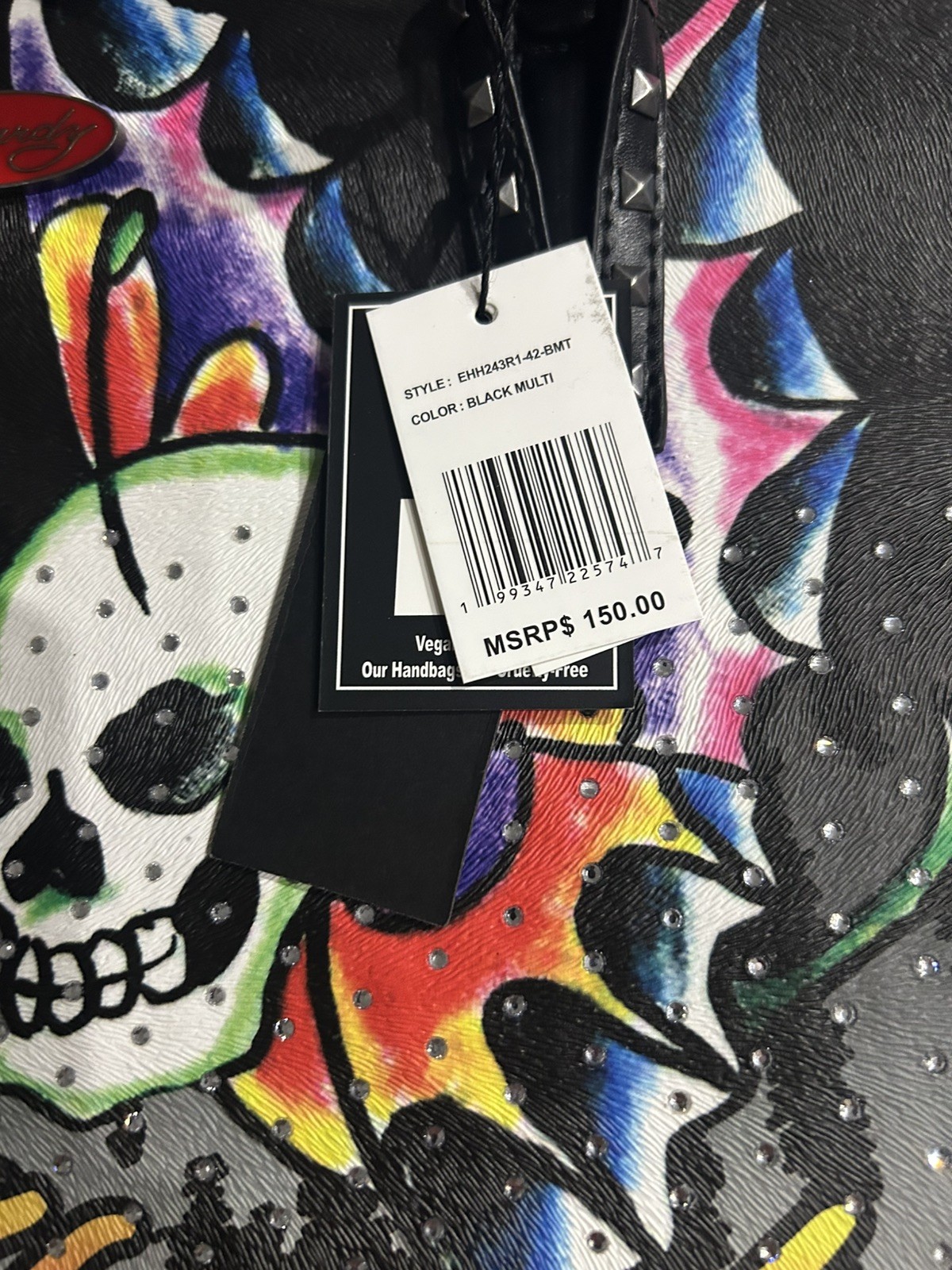 Ed Hardy Large Black Studded Skull Graphic Print Zip Shoulder Bag w/ Strap