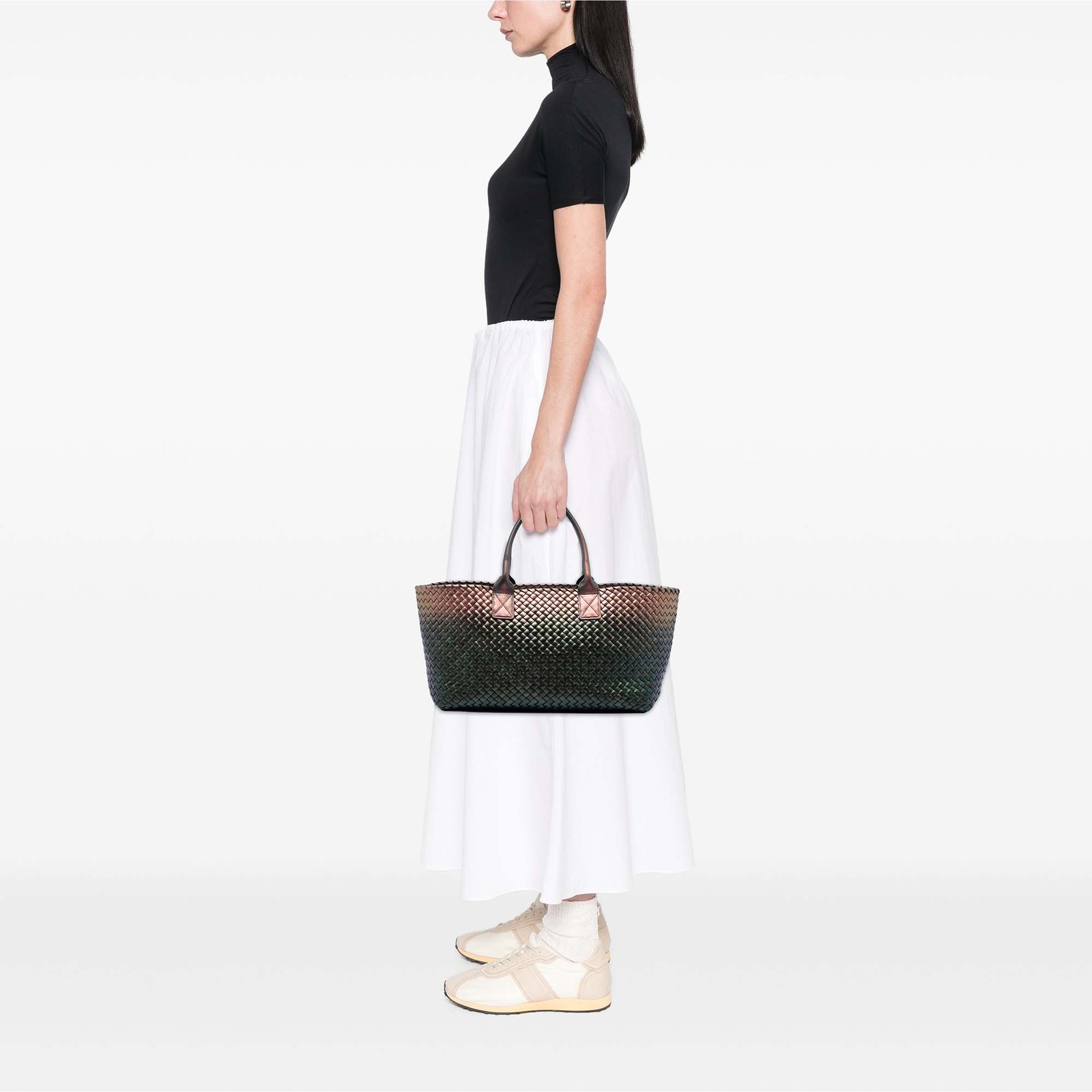 Bottega Veneta Medium Iridescent Nappa Intrecciato Cabat Tote Dark Green