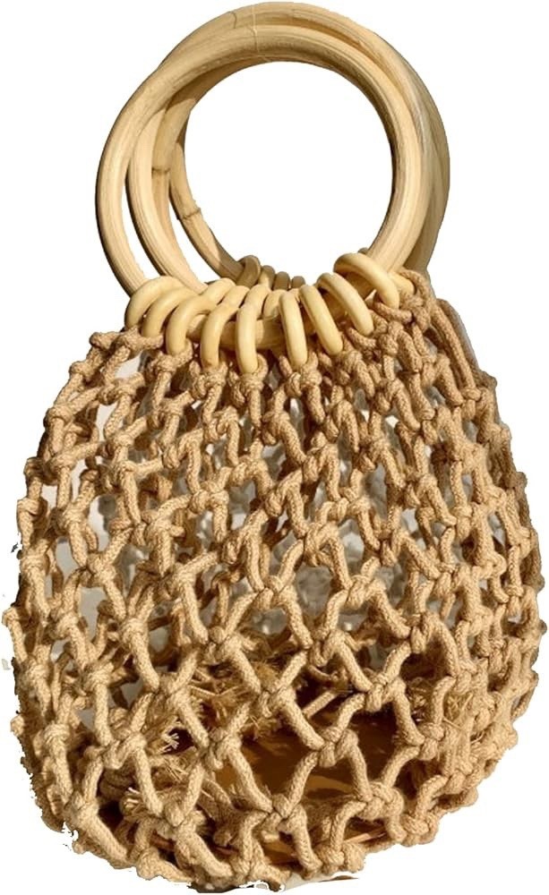 Woven Net Macrame Round Tote Bag Top Handle Wood Ring Handles Beige Tan