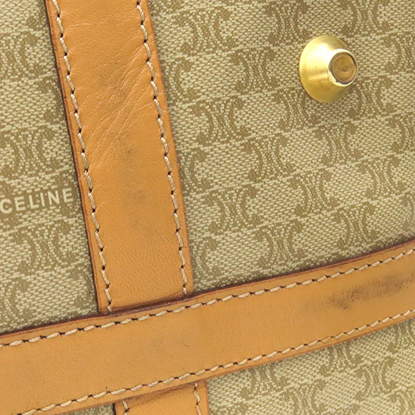 CELINE Macadam Pattern Boston Bag Handbag PVC / Leather Beige Unisex #HDB614
