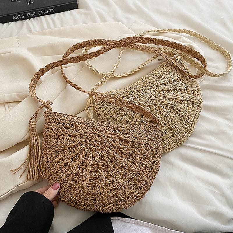 Fashion Semicircle Straw Woven Shoulder Crossbody Bag Travel Small Handbag Ladie