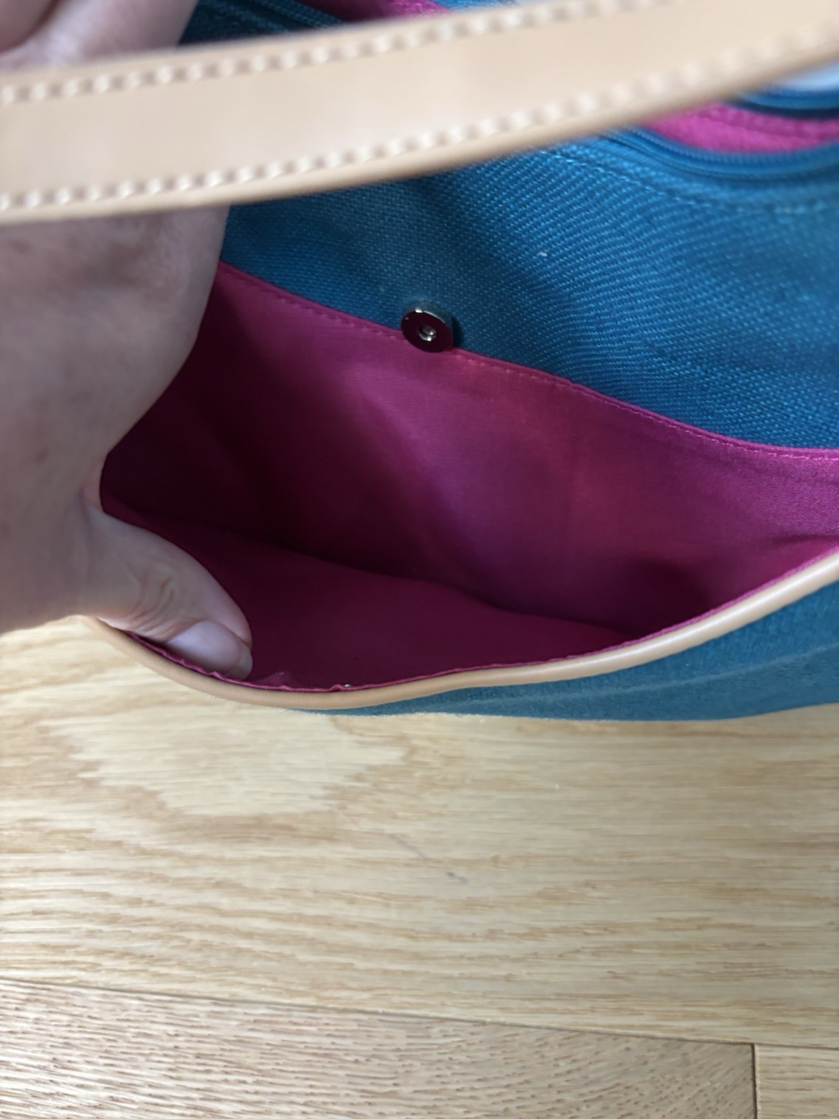 Etienne Aigner Blue Crescent Shoulder Bag Medium Zip/Magnetic, Pink Lining