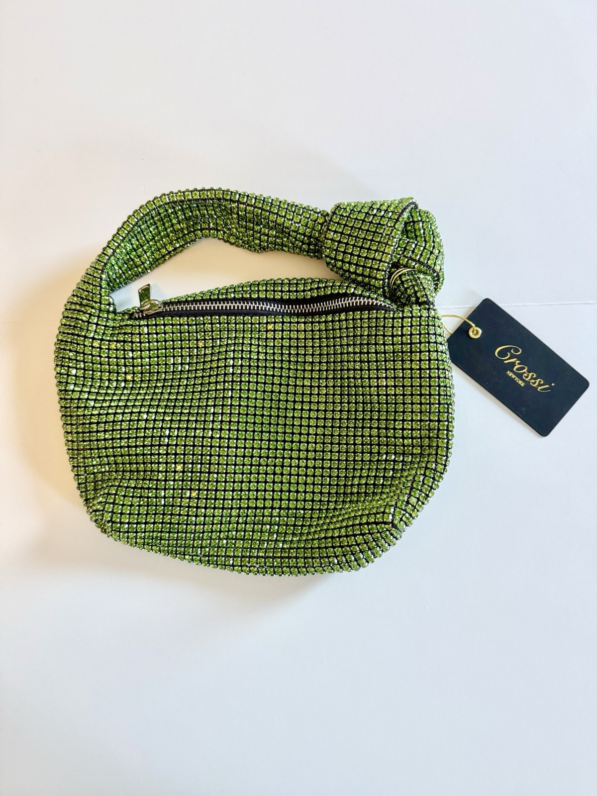 Crossi Green Rhinestone Crystal Mesh Handbag Knot Handle Party Clutch Bag