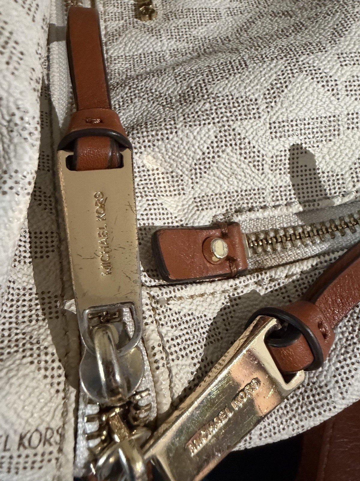 Michael Kors Beige Monogram Logo Backpack Zip Gold Hardware Brown Leather Straps