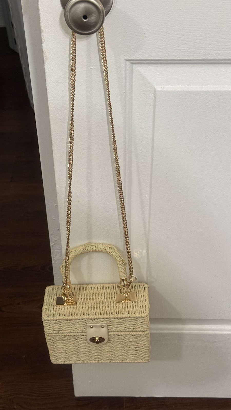 Beige Woven Small Crossbody Top Handle Bag Gold Chain Strap Turn Lock Lined