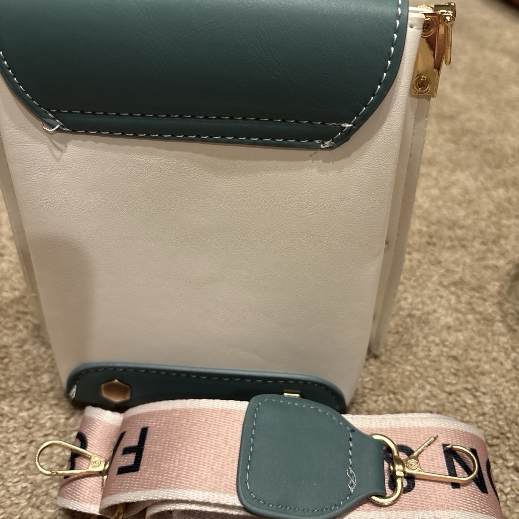 White/Teal Geometric Crossbody Bag Turn Lock Gold Hardware Pink Strap Small