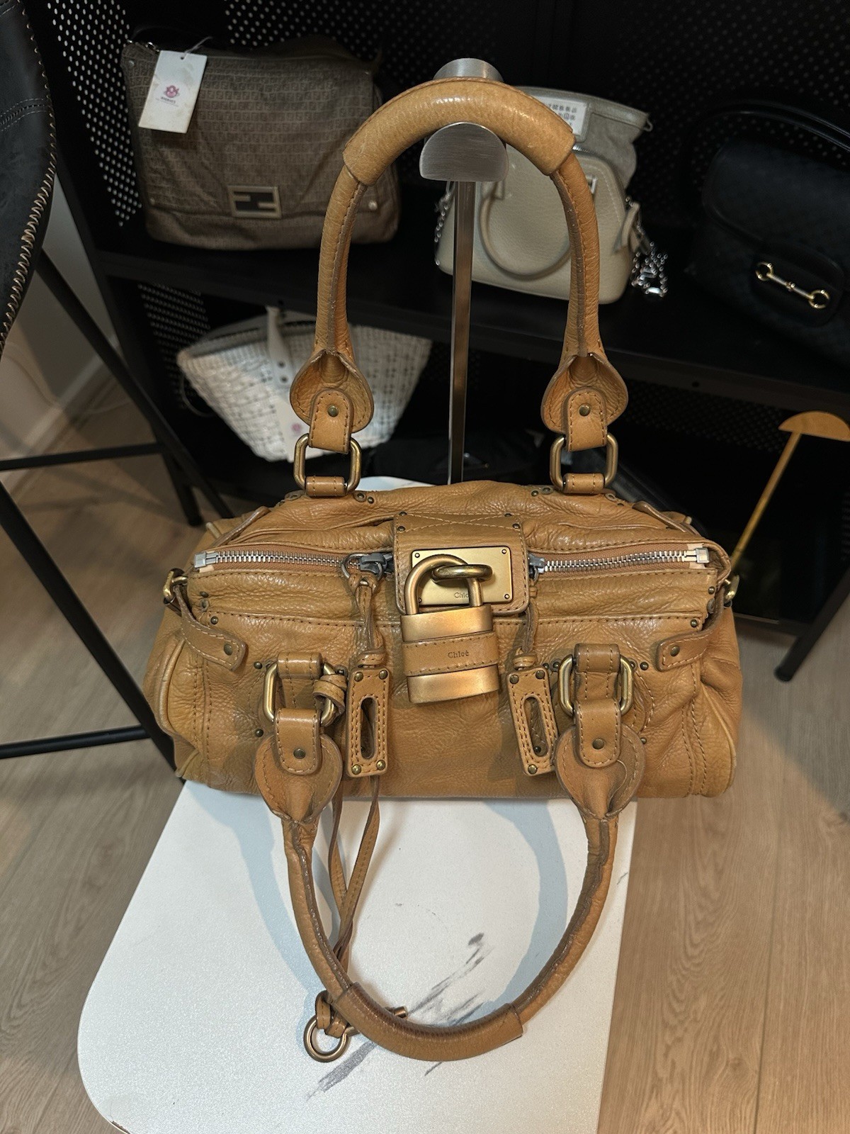 Chloé Paddington Tan Pebbled Leather Satchel Bag Padlock Zip Key + COA