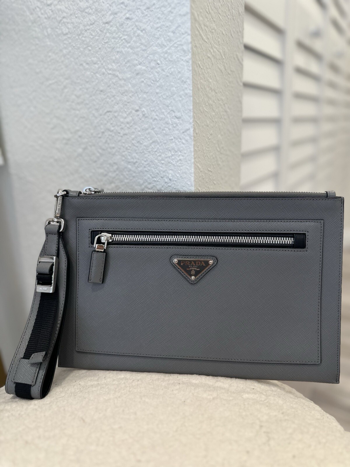 Prada Saffiano Men’s Leather Clutch bag 2NH009 Marmo Imported NEW with Box