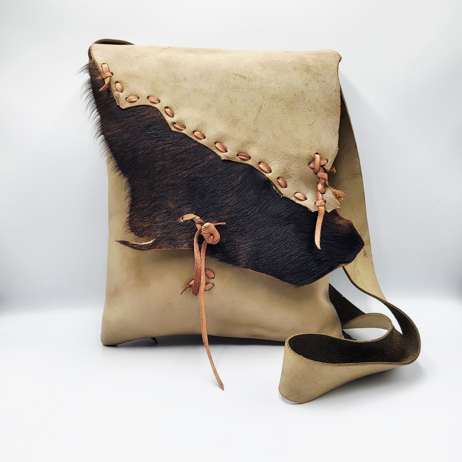 Handmade Tan Leather Fur Hide Stitched Woven Detail Large Crossbody Bag Artisan