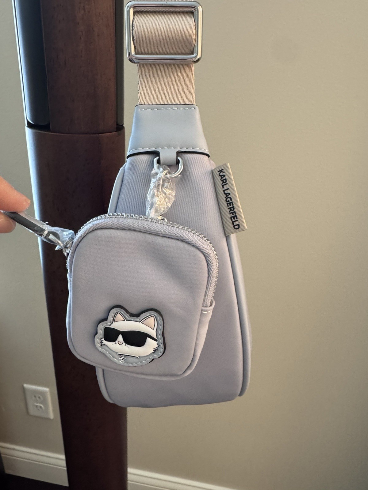NWT KARL LAGERFELD light blue Crescent Shoulder Bag Zip Closure Choupette Pouch