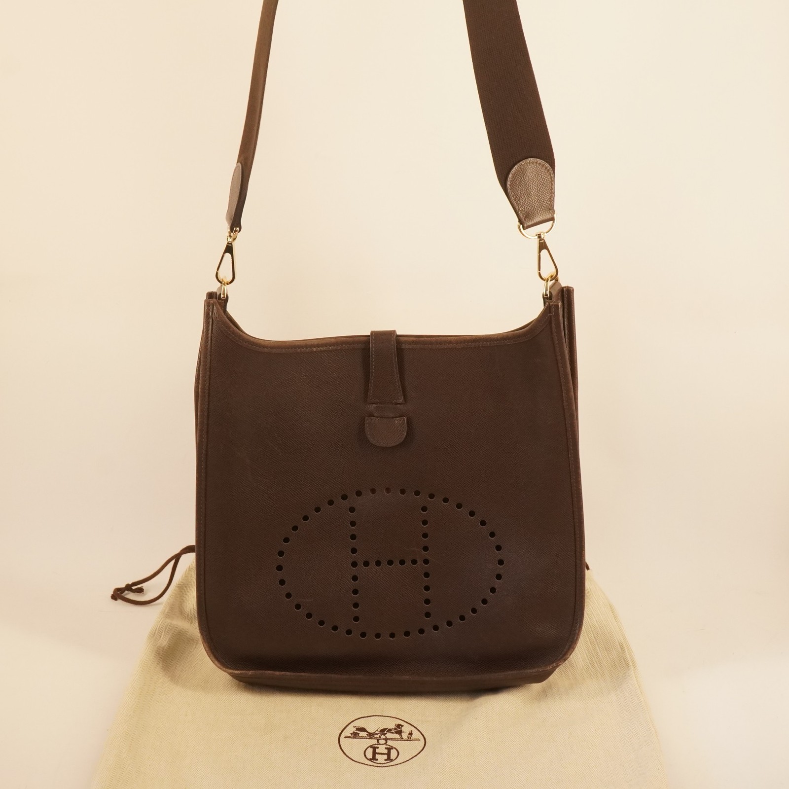 HERMES Evelyne III GM Togo Brown Leather Crossbody Bag w Dust Bag & COA
