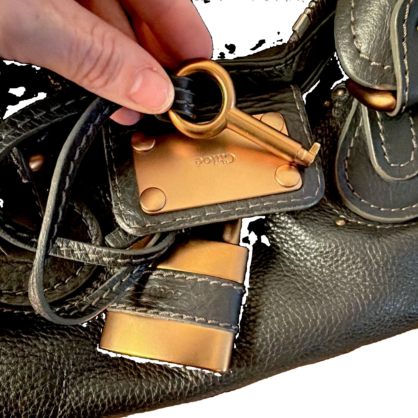Chloé Black Satchel Top Handle Bag Zip Padlock Key Gold Hardware Pockets