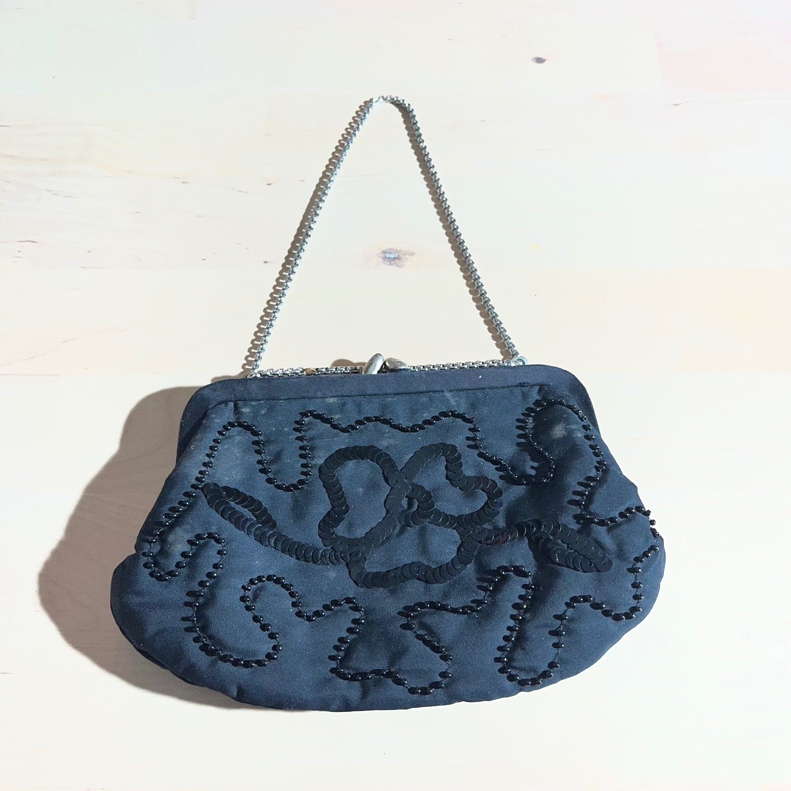 Vintage Black Beaded & Sequin Evening Clutch with Silver Chain