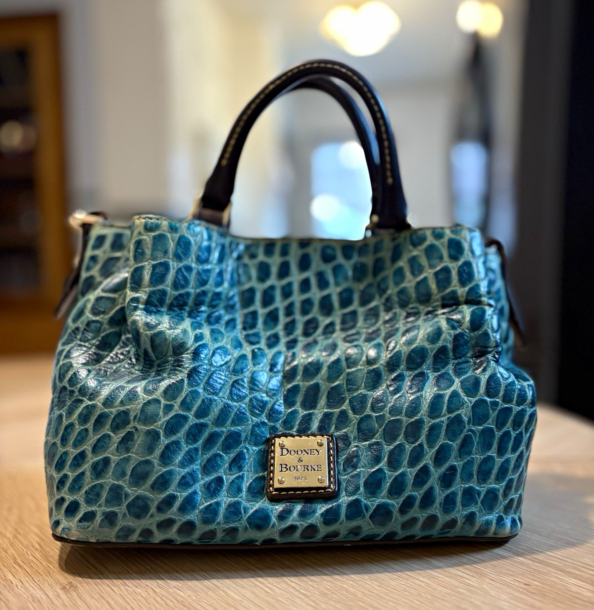 Dooney & Bourke Blue Embossed Animal Print Satchel Zip Strap Red Lining