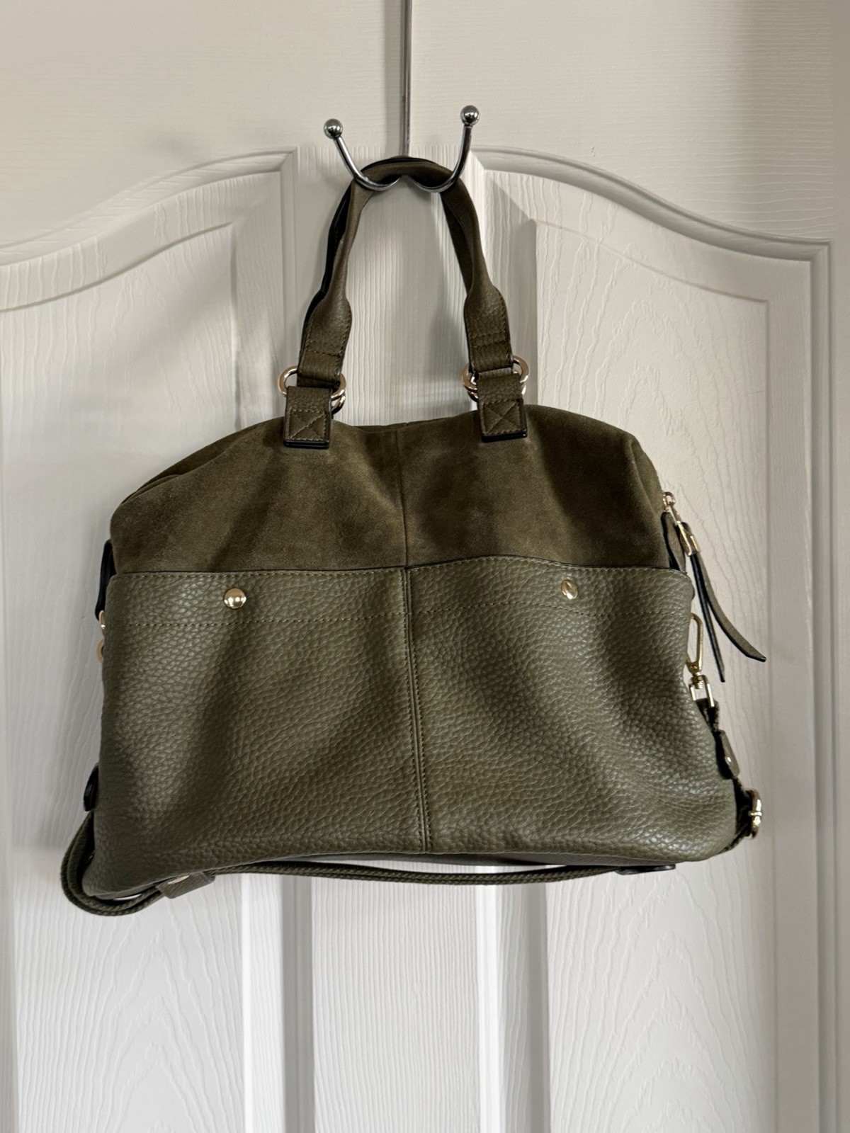 Moda Luxe Olive Green Pebbled Satchel Duffle Handbag Leather & Suede VGC